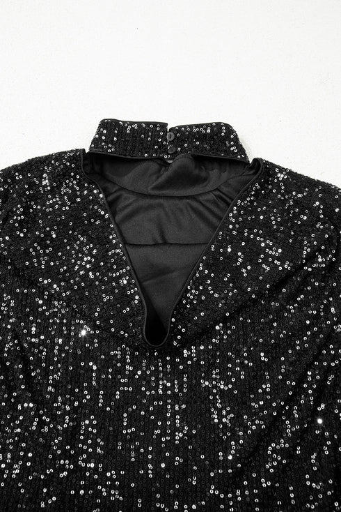 Sequin Mock Neck Drape Open Back Bell Sleeve Lined Top